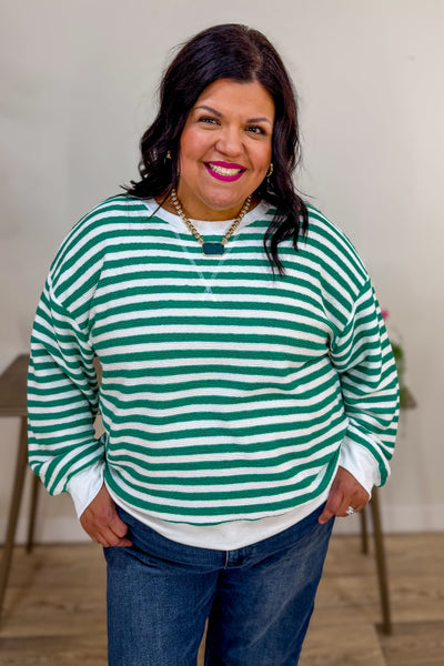Kelly Green Striped Rib Banded Pullover