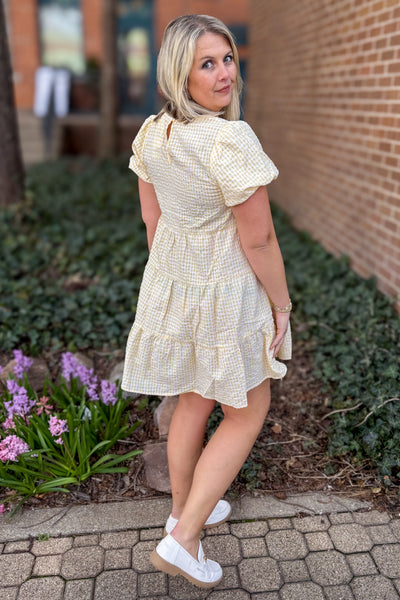 Yellow Bubble Sleeve Tiered Mini Dress back