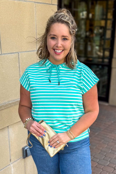 Mint Stripe Sleeveless Hoodie Top