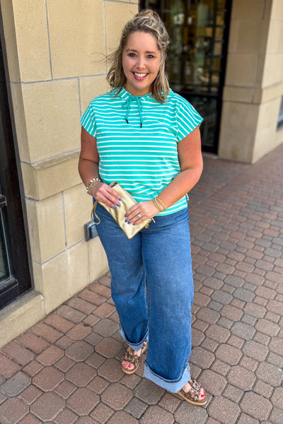 Mint Stripe Sleeveless Hoodie Top styled
