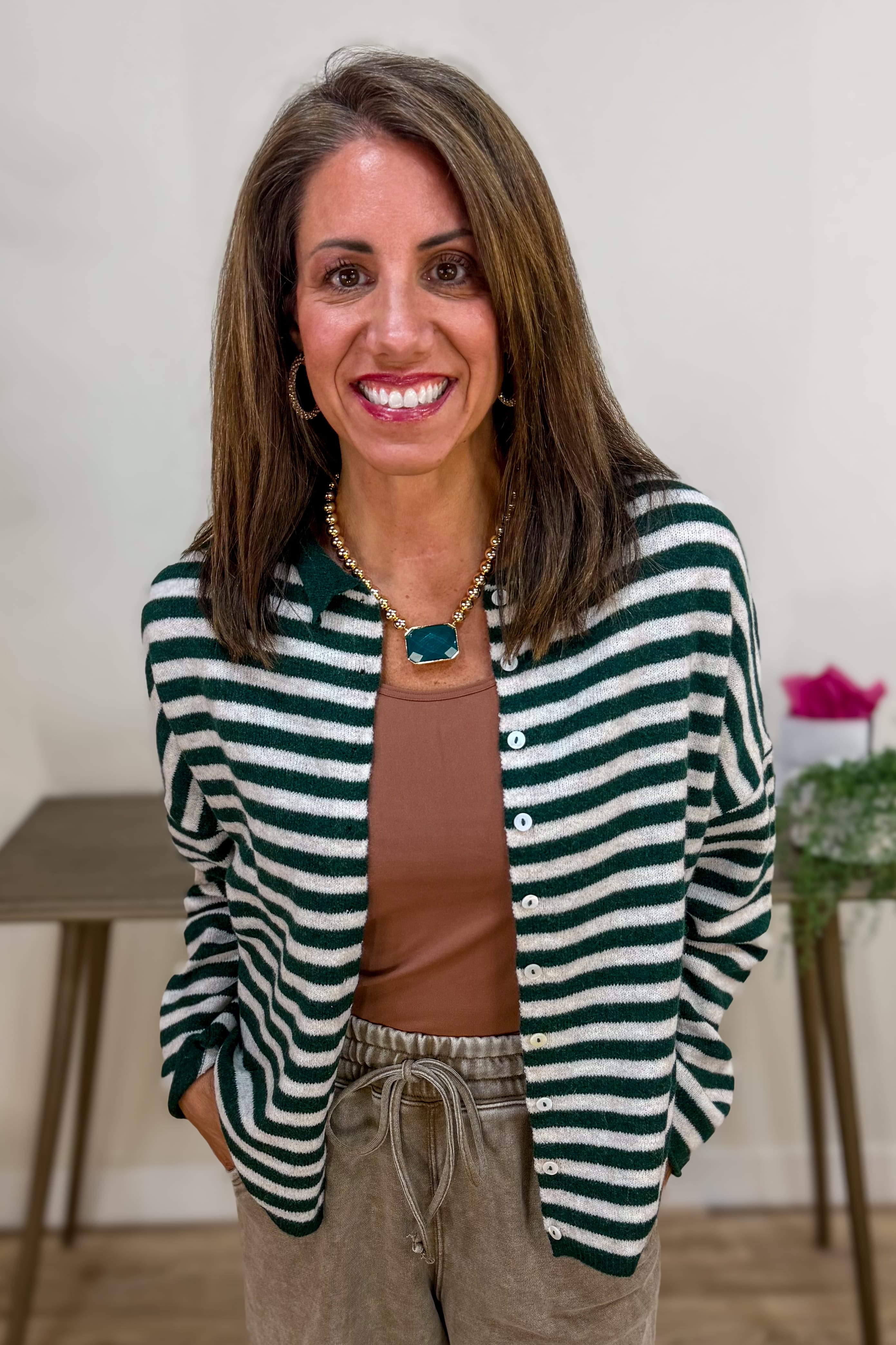 Hunter Green Striped Collared Cardigan