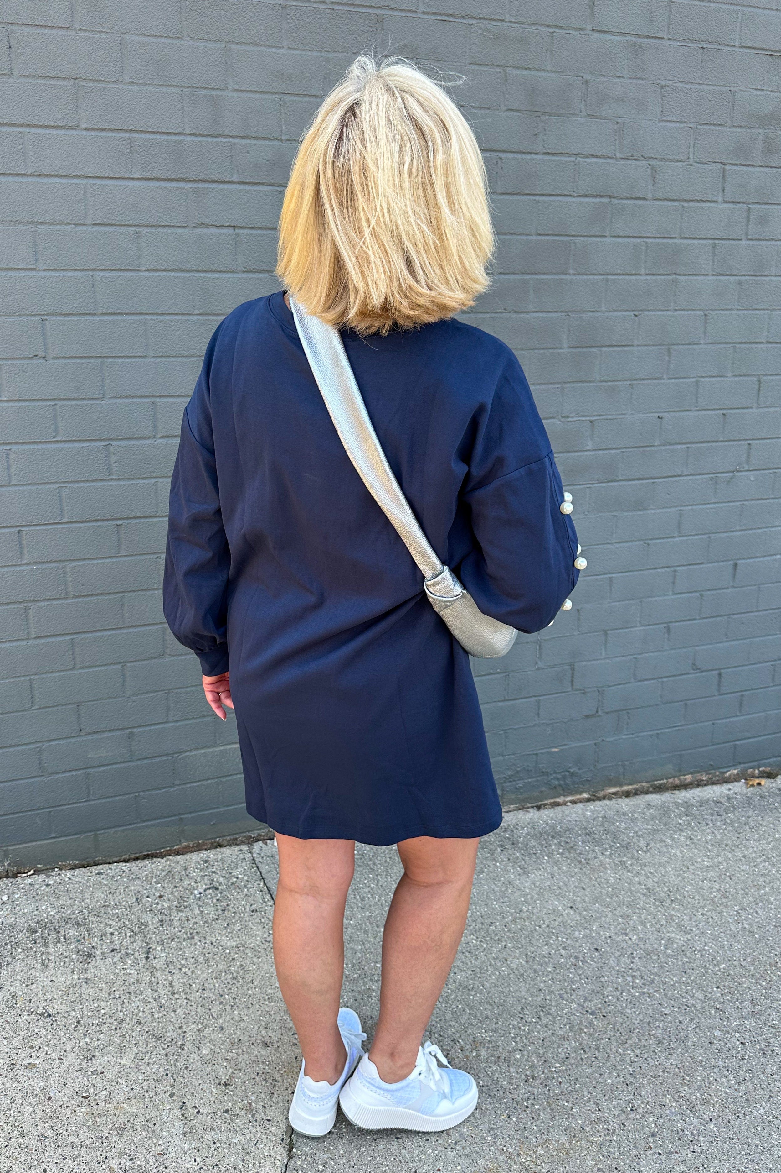 Navy & Pearled Sleeve Dress back