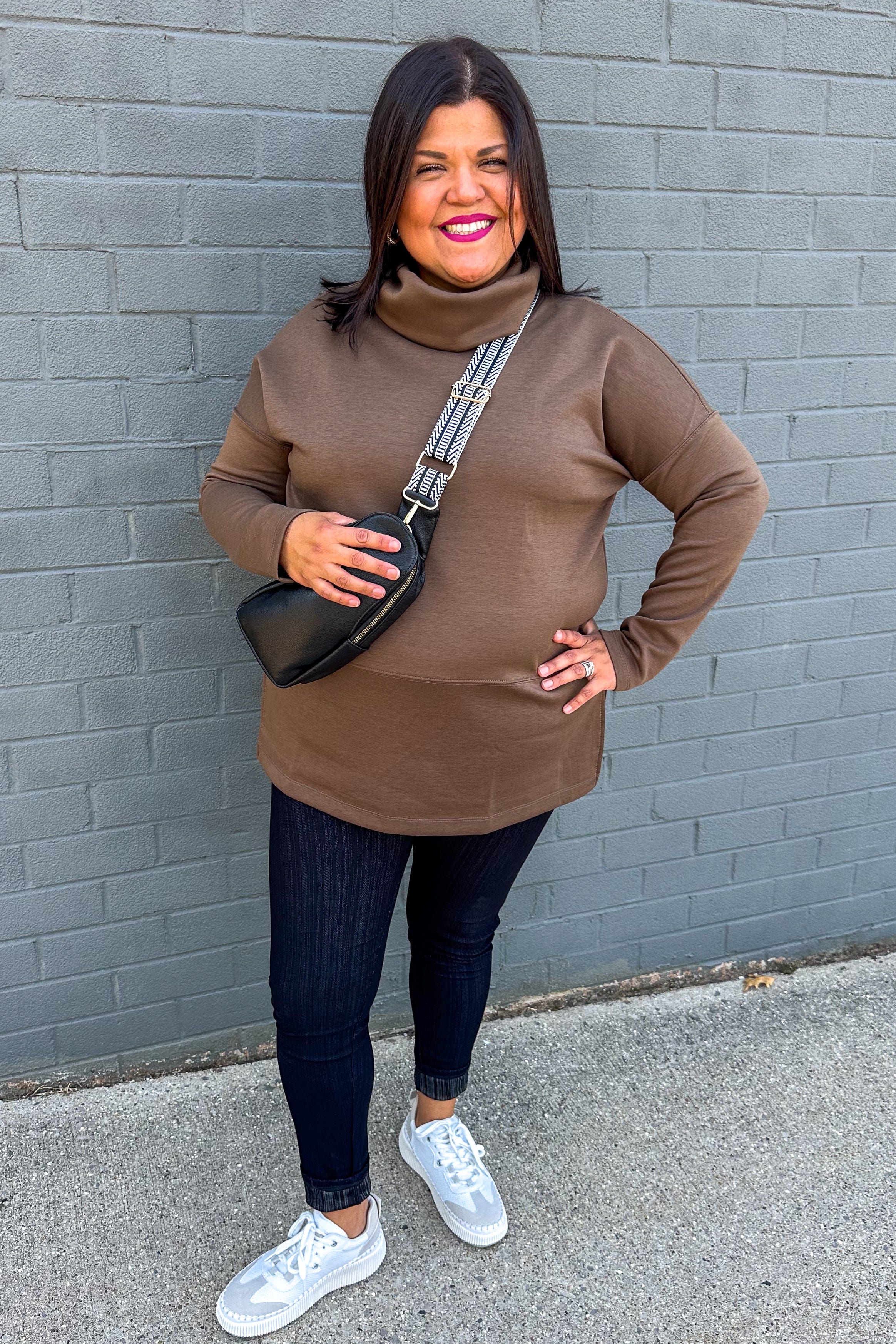 Mocha Cozy Cowl Neck Pullover styled