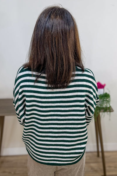 Hunter Green Striped Collared Cardigan back