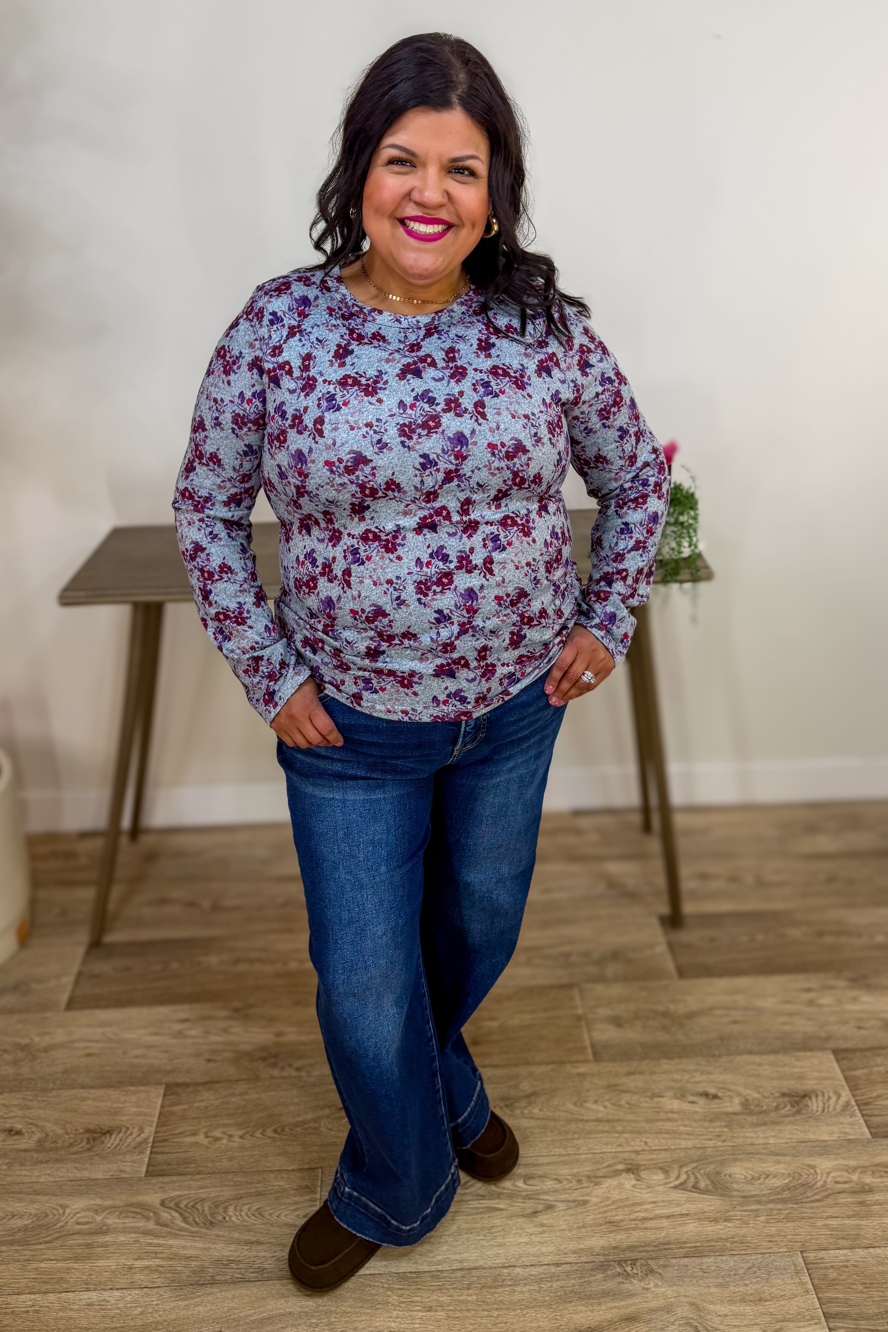 Burgundy Hacci Floral Top Styled