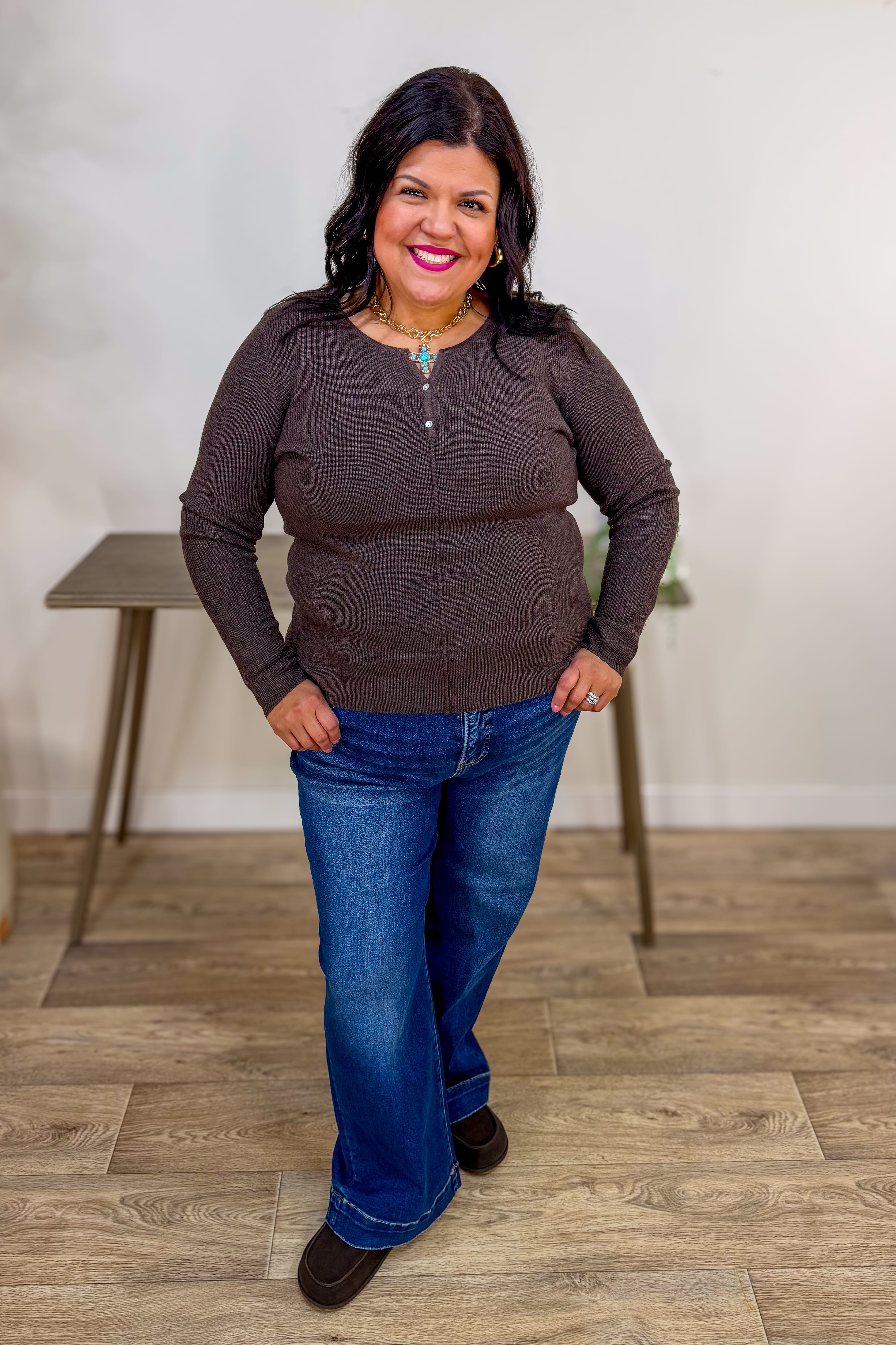 Chocolate Henley Ribbed Sweater Styled