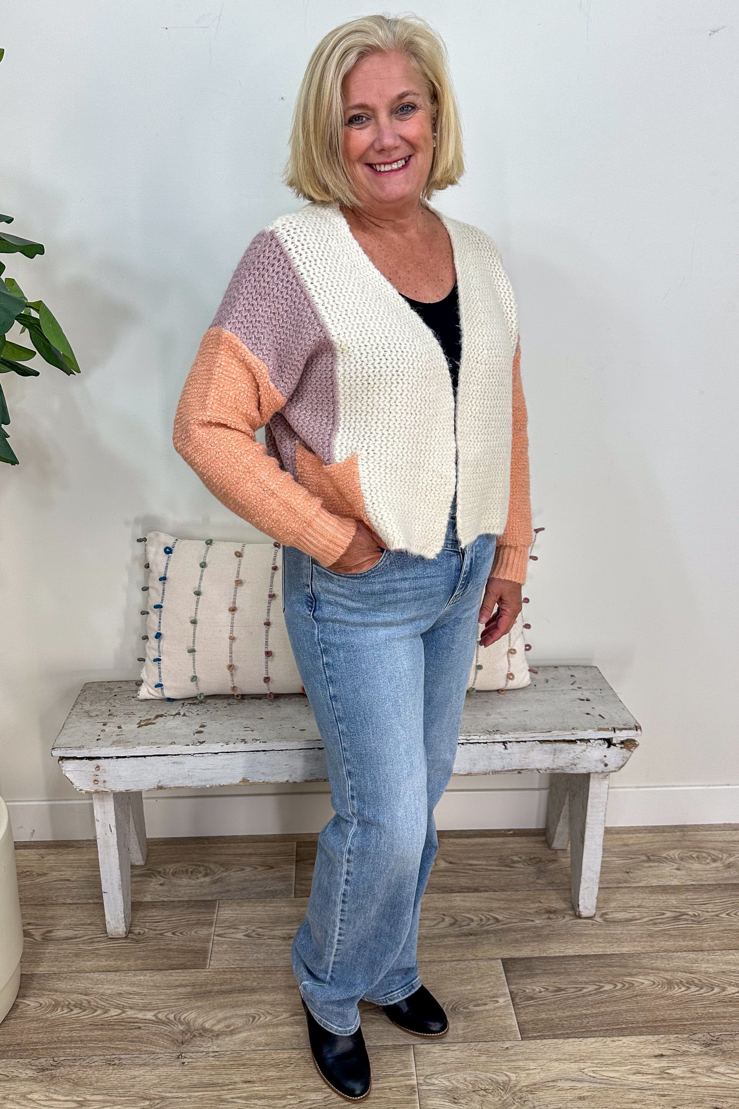 Lavender Colorblock Cropped Cardigan styled