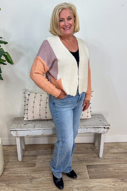 Lavender Colorblock Cropped Cardigan styled