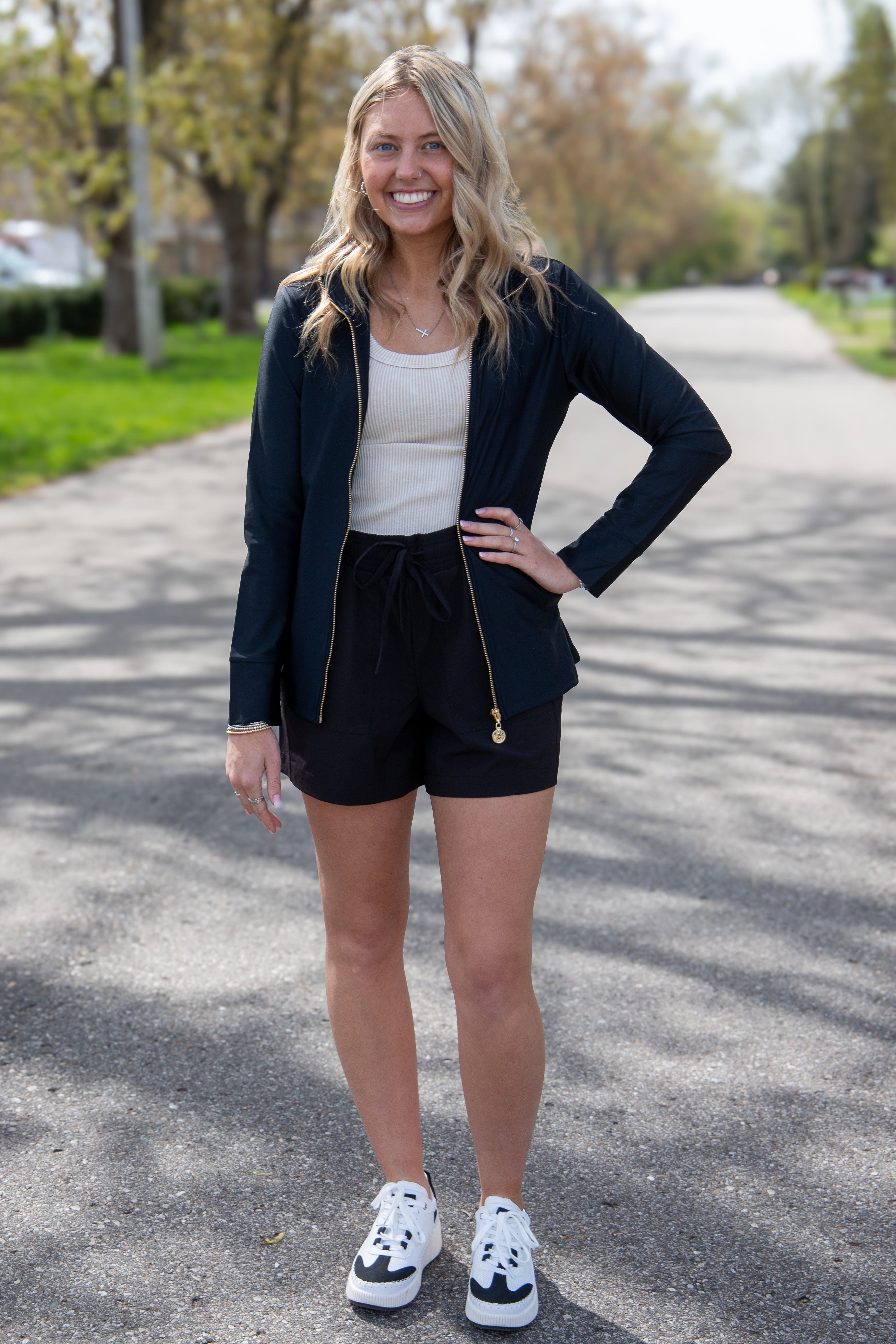 Black Travel Tech Stretch Shorts Styled