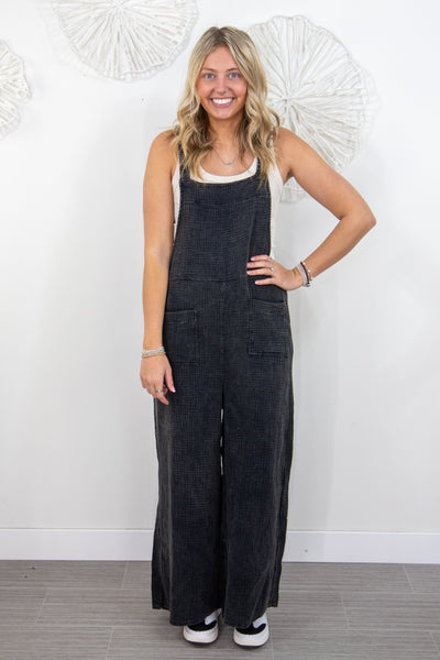 Ash Black Gauze Wide Overalls