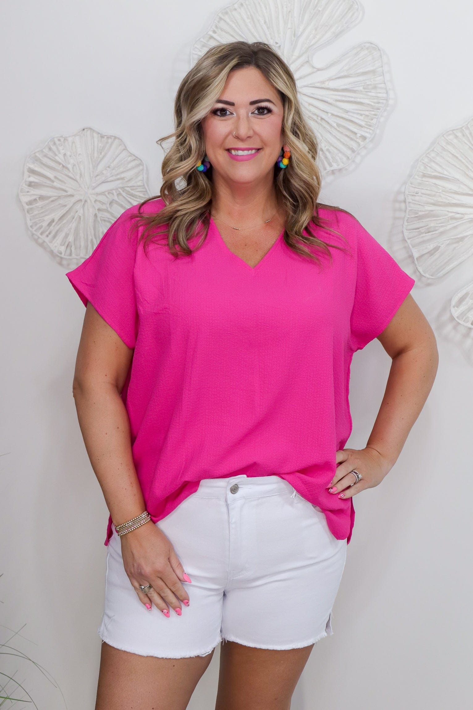 Hot Pink VNeck Textured Tunic Top