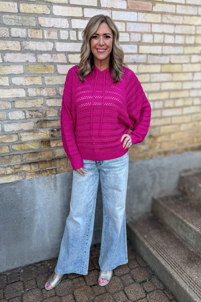 Magenta Crochet Dolman Sleeve Hoodie Sweater styled