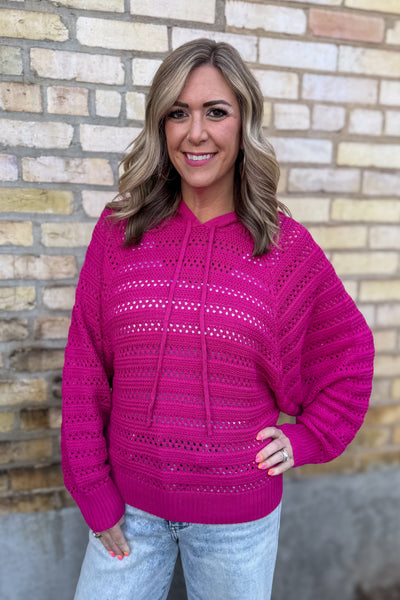 Magenta Crochet Dolman Sleeve Hoodie Sweater