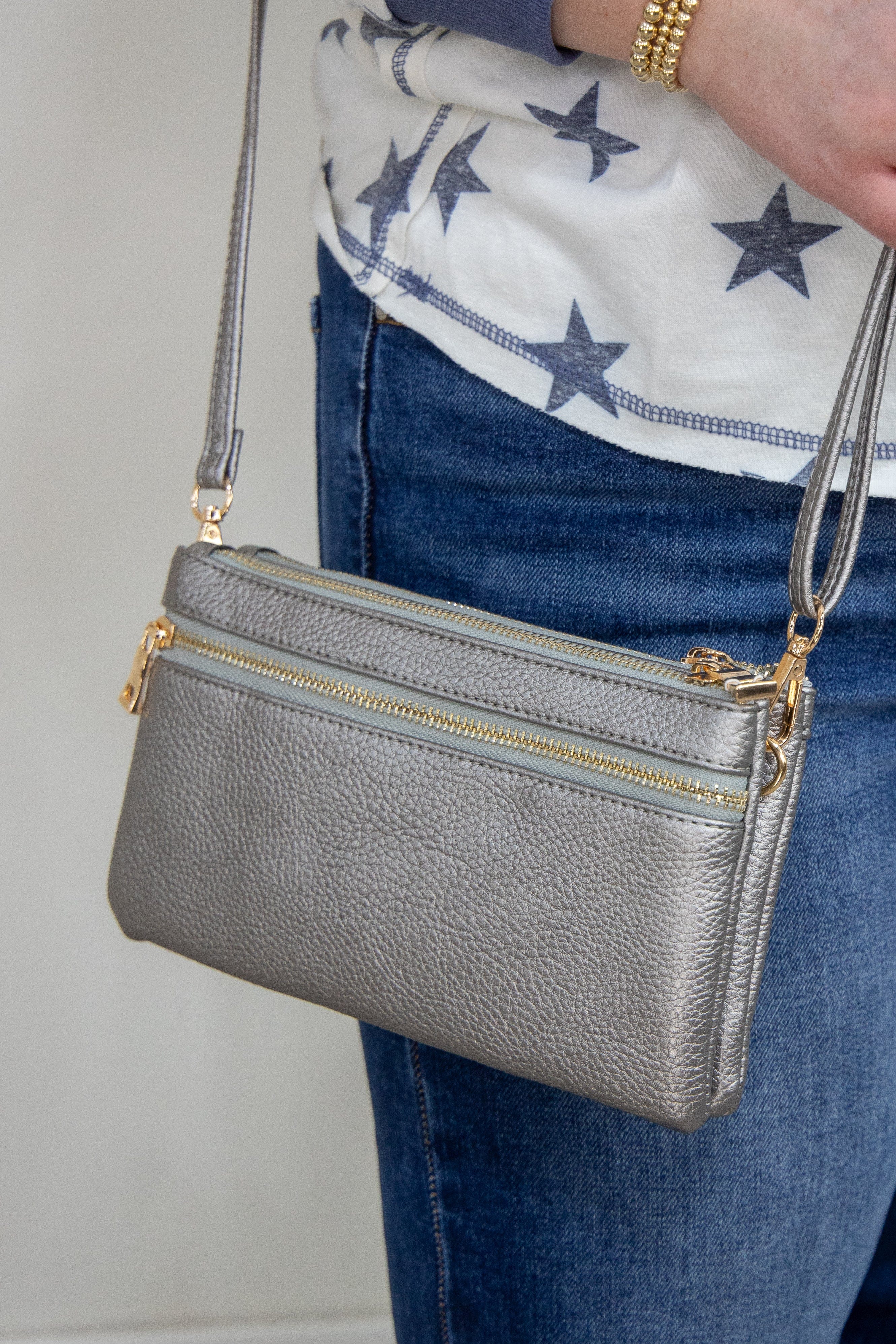 Pewter Wallet Purse with Shoulder Strap