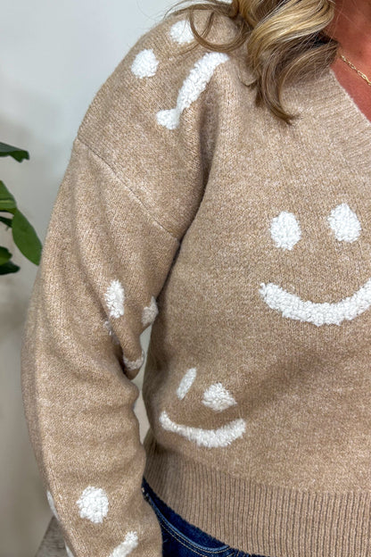 Mocha Sweater with Smiley Faces back