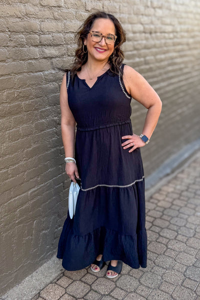 Black Tiered Embroidered Dress styled