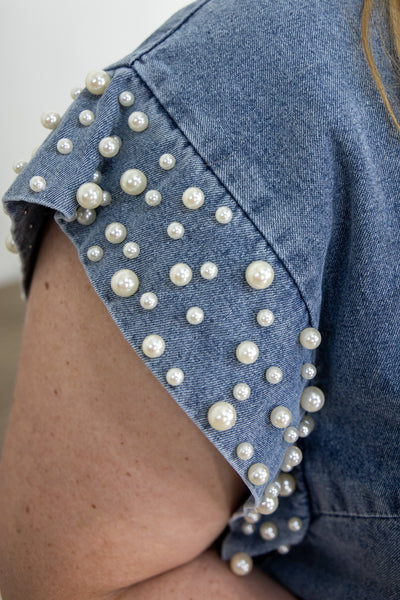 Denim Top With Pearl Embellished
