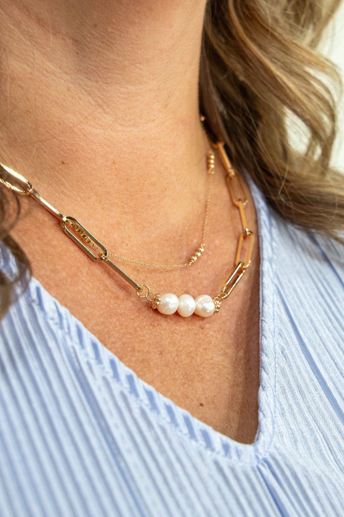 Gold Paperclip Freshwater Pearl Necklace