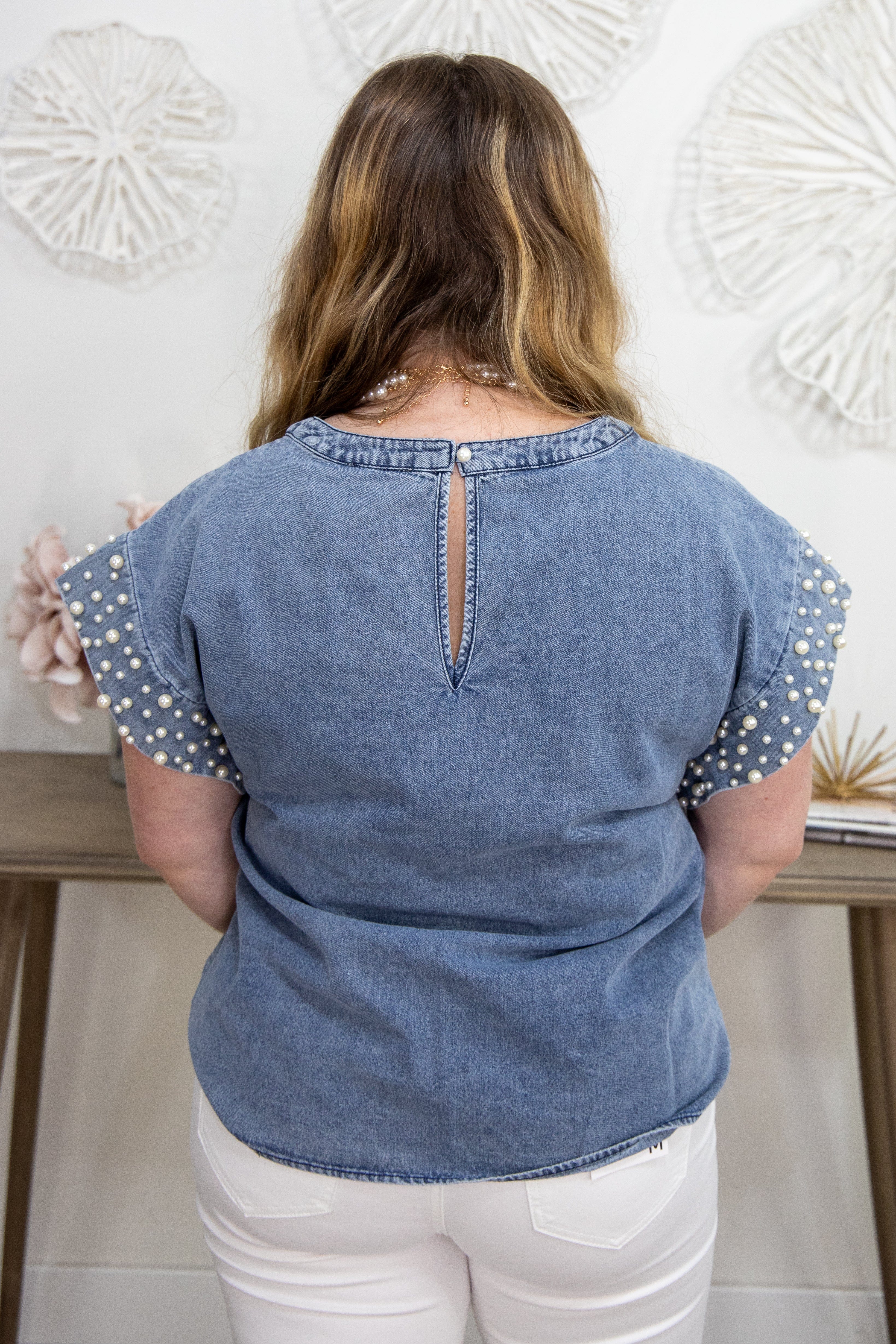 Denim Top With Pearl Embellished