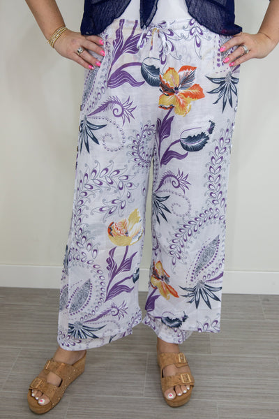 White & Purple Floral Flowy Pant