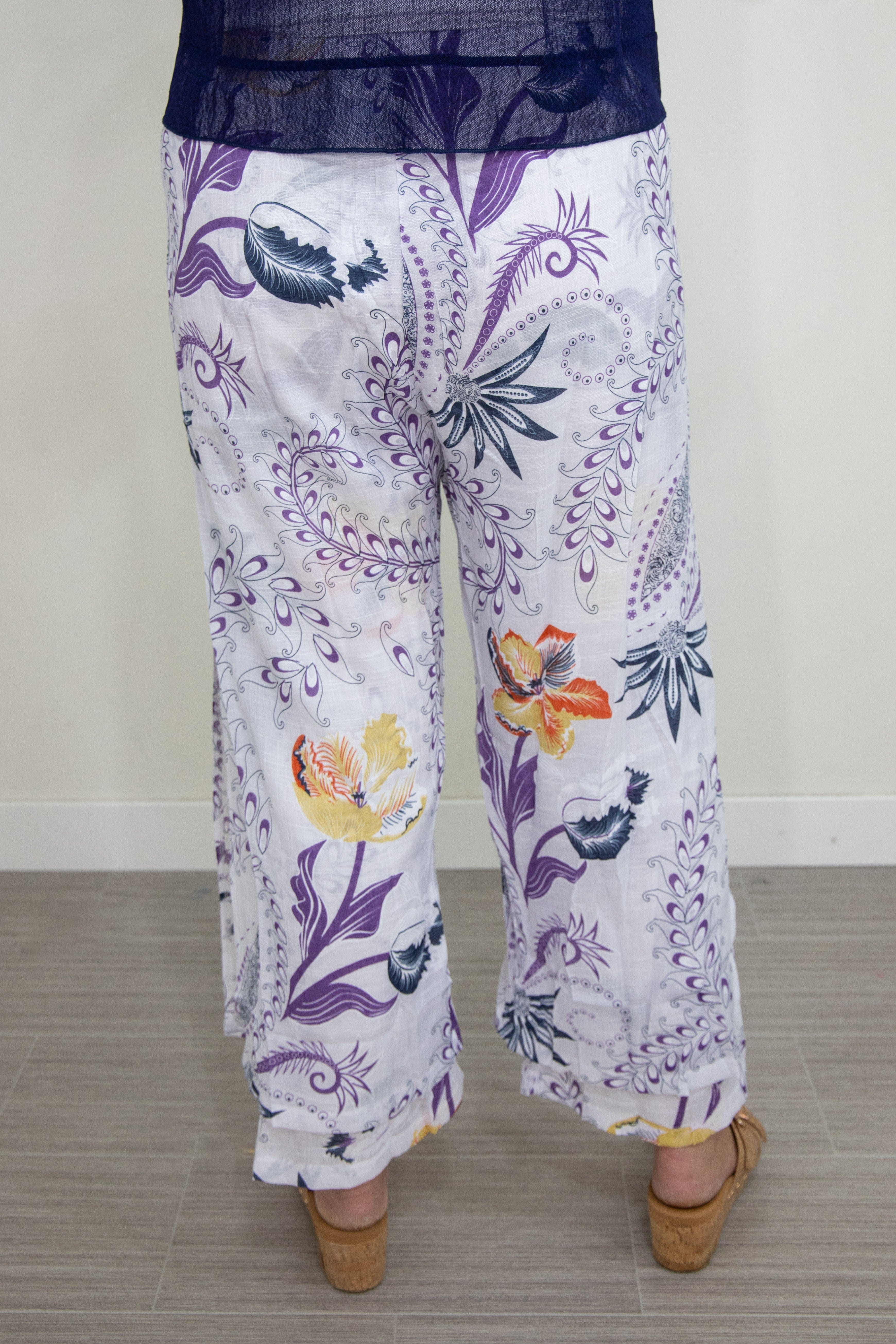 White & Purple Floral Flowy Pant back