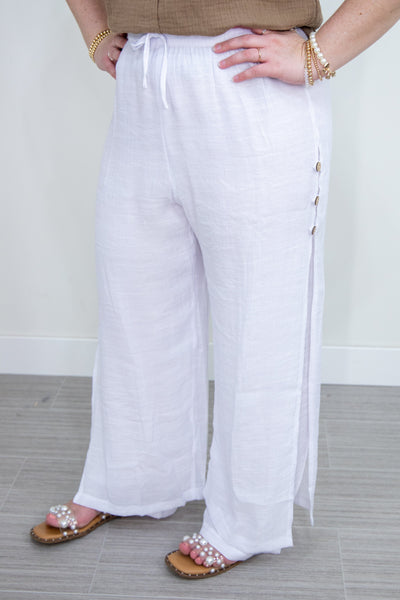 White Flowy Pant button details