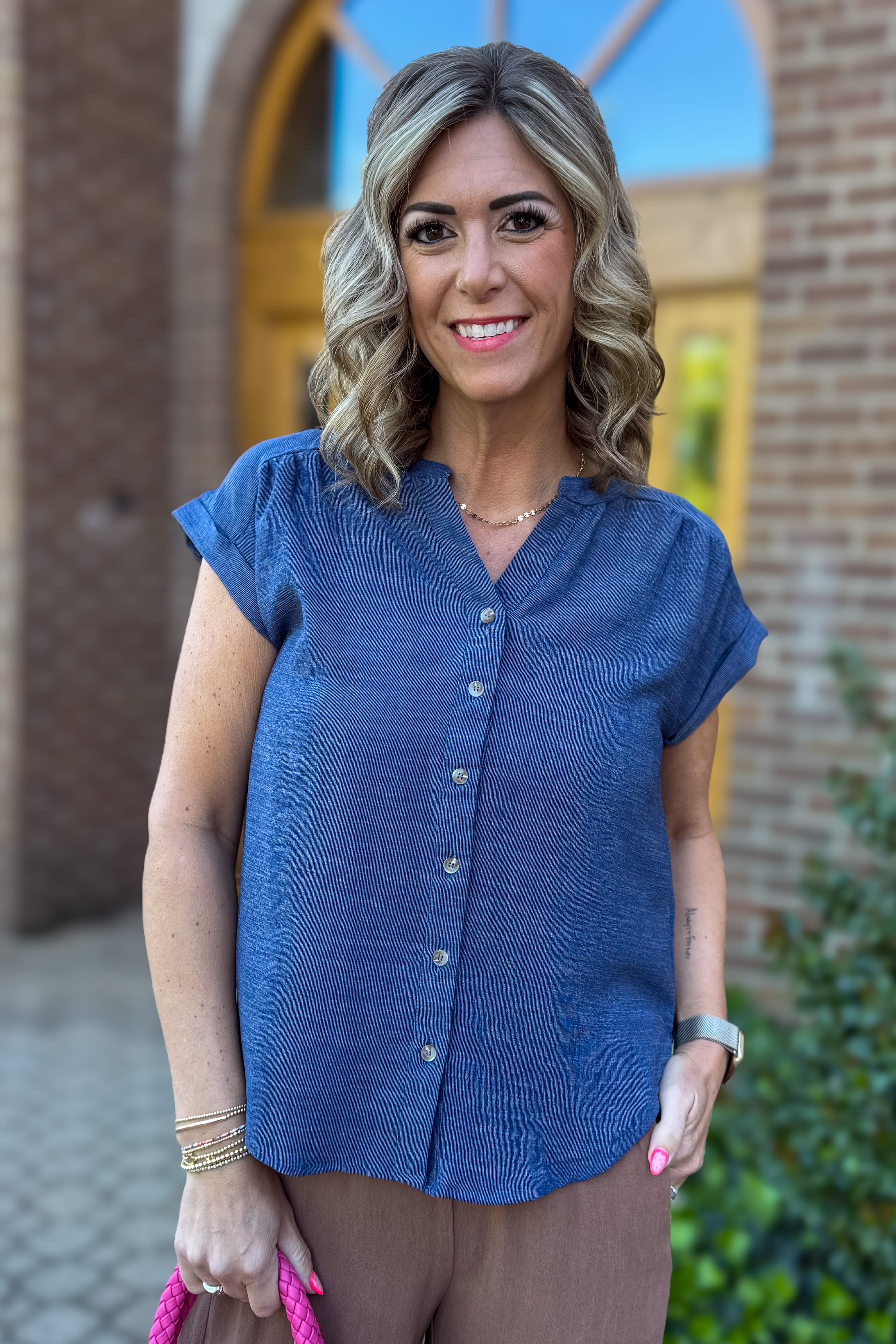 Navy Cuffed Sleeve Lightweight Top