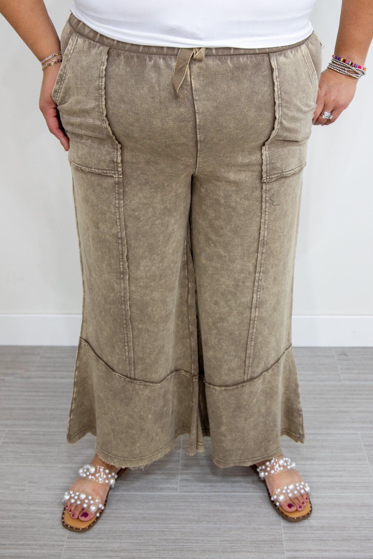 Mocha Cropped Wide Leg with Stitching Detail