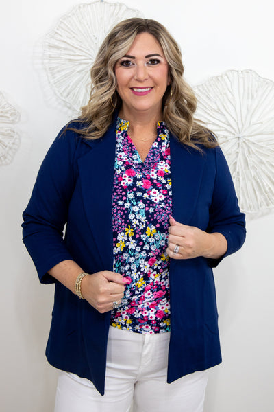 Blue Floral Garden Lizzy Top styled with blazer