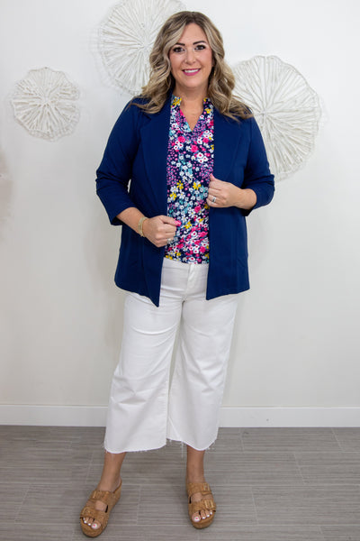Navy Cinched Sleeve Blazer Styled