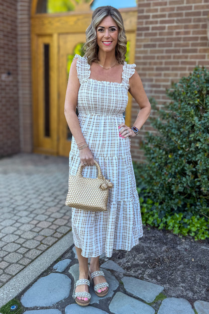 Light Brown Smocked Ruffle Strap Tiered Midi Dress