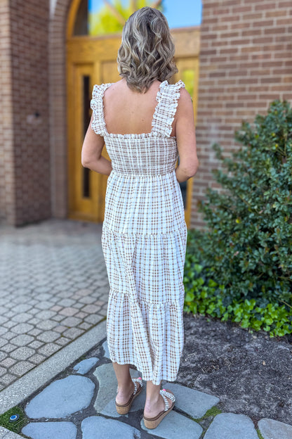 Light Brown Smocked Ruffle Strap Tiered Midi Dress Back