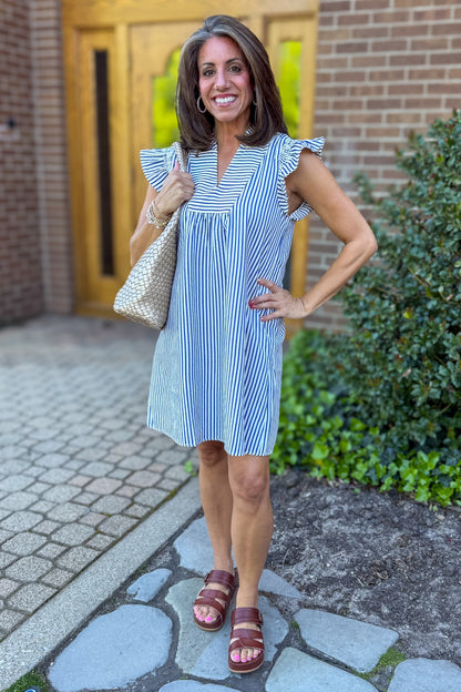 Navy Stripe Seersucker Dress Styled