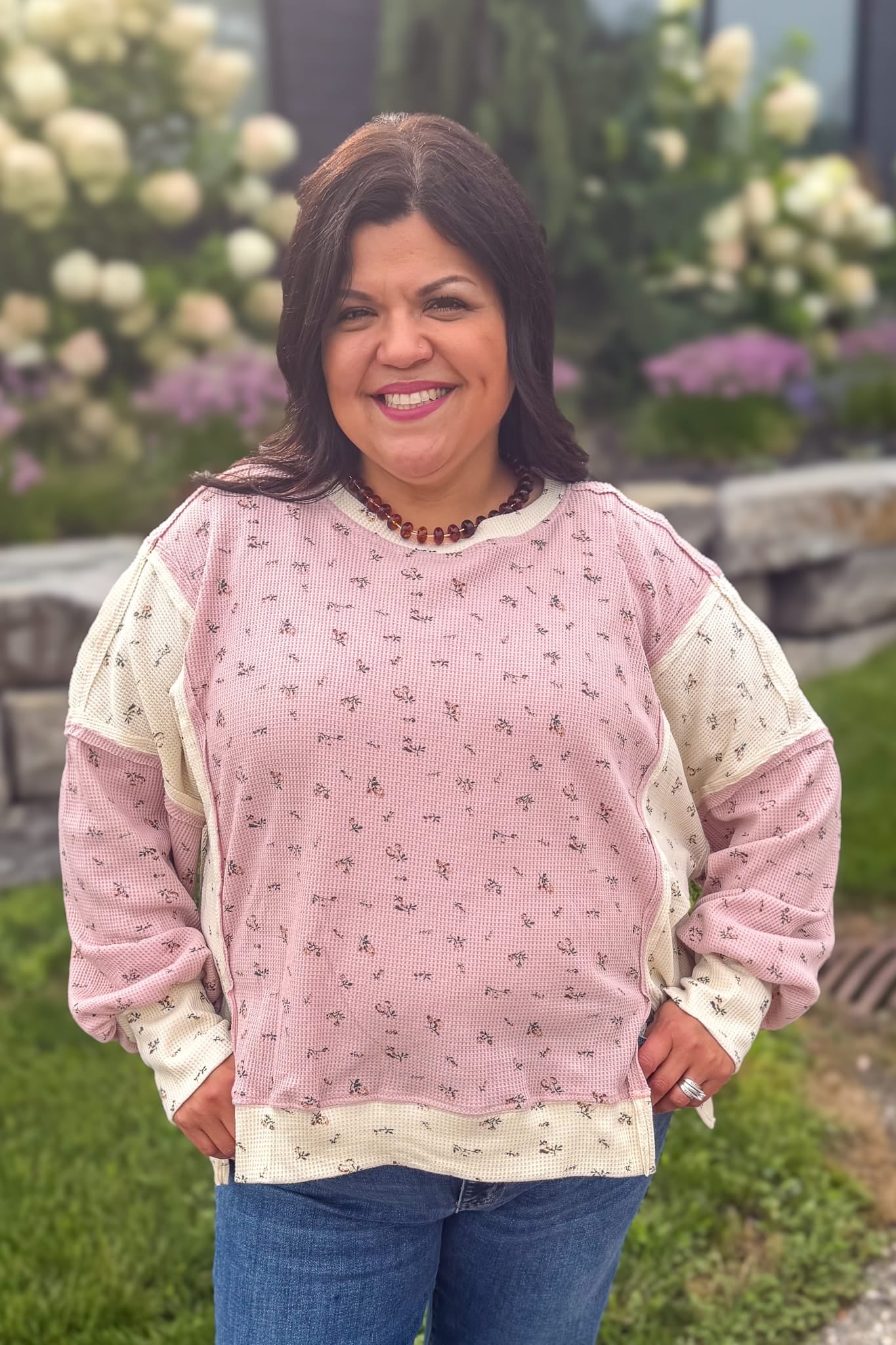 Pink Floral Thermal Knit Pullover