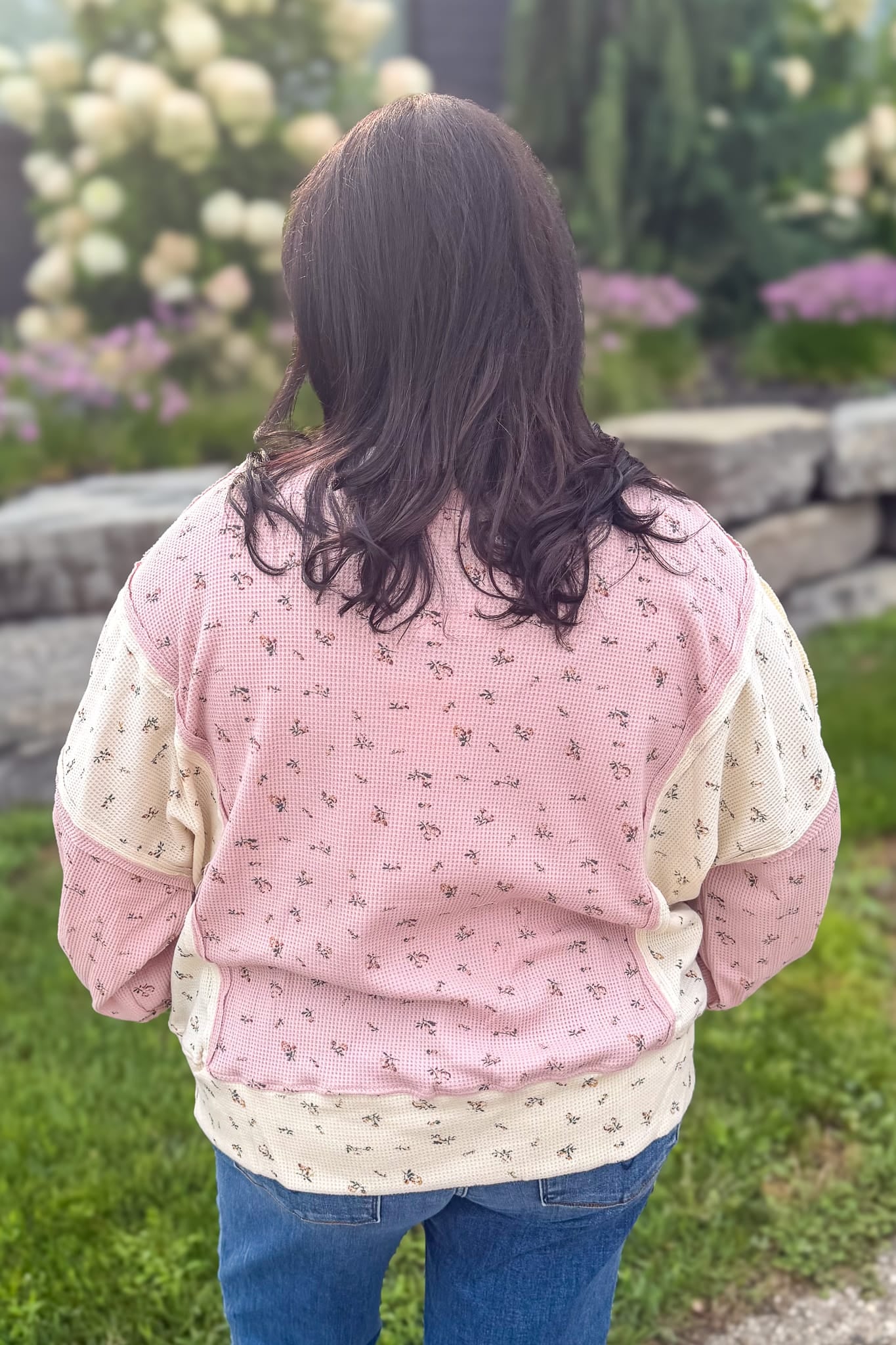 Pink Floral Thermal Knit Pullover Back