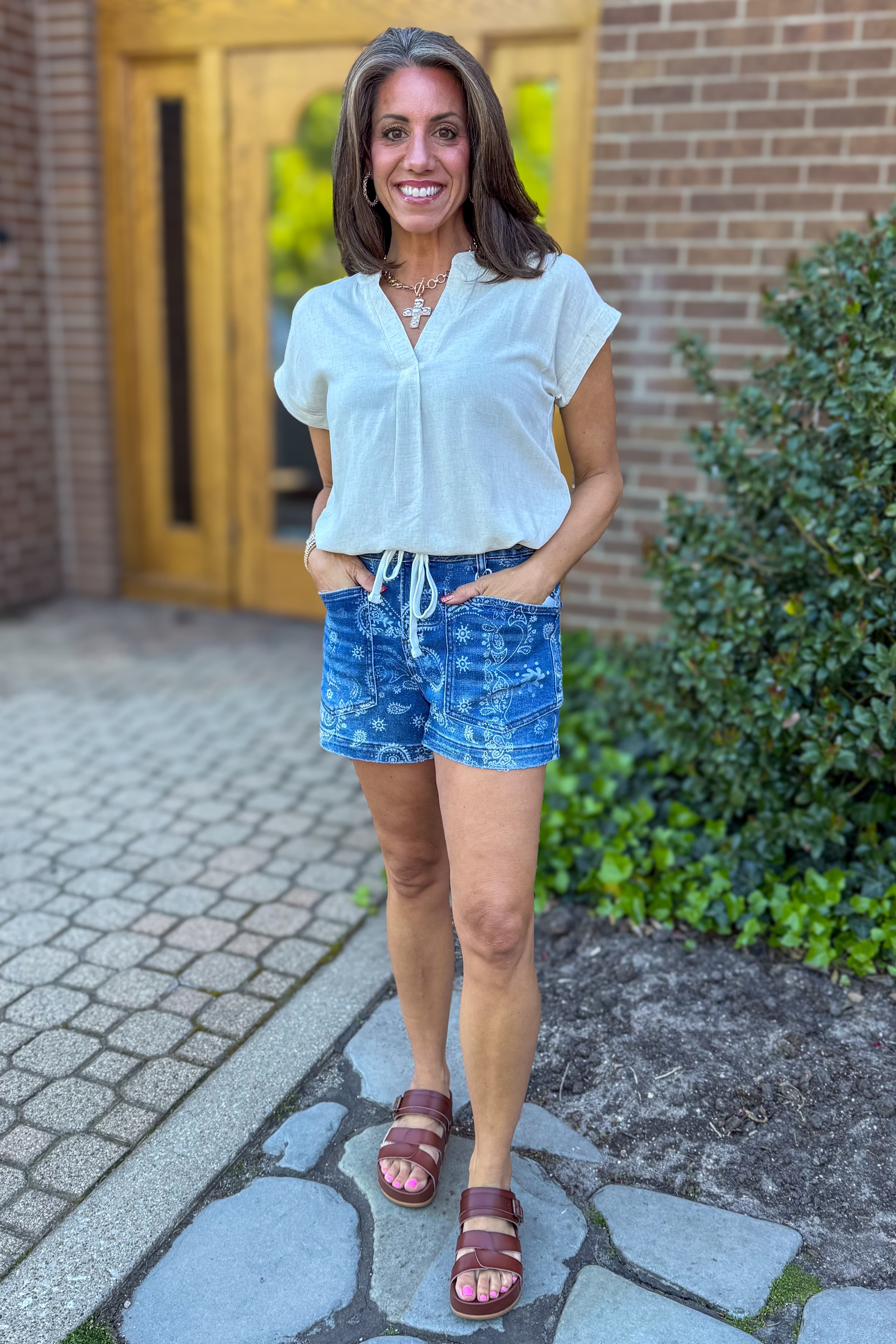 Dark Wash Paisley Print Shorts Styled