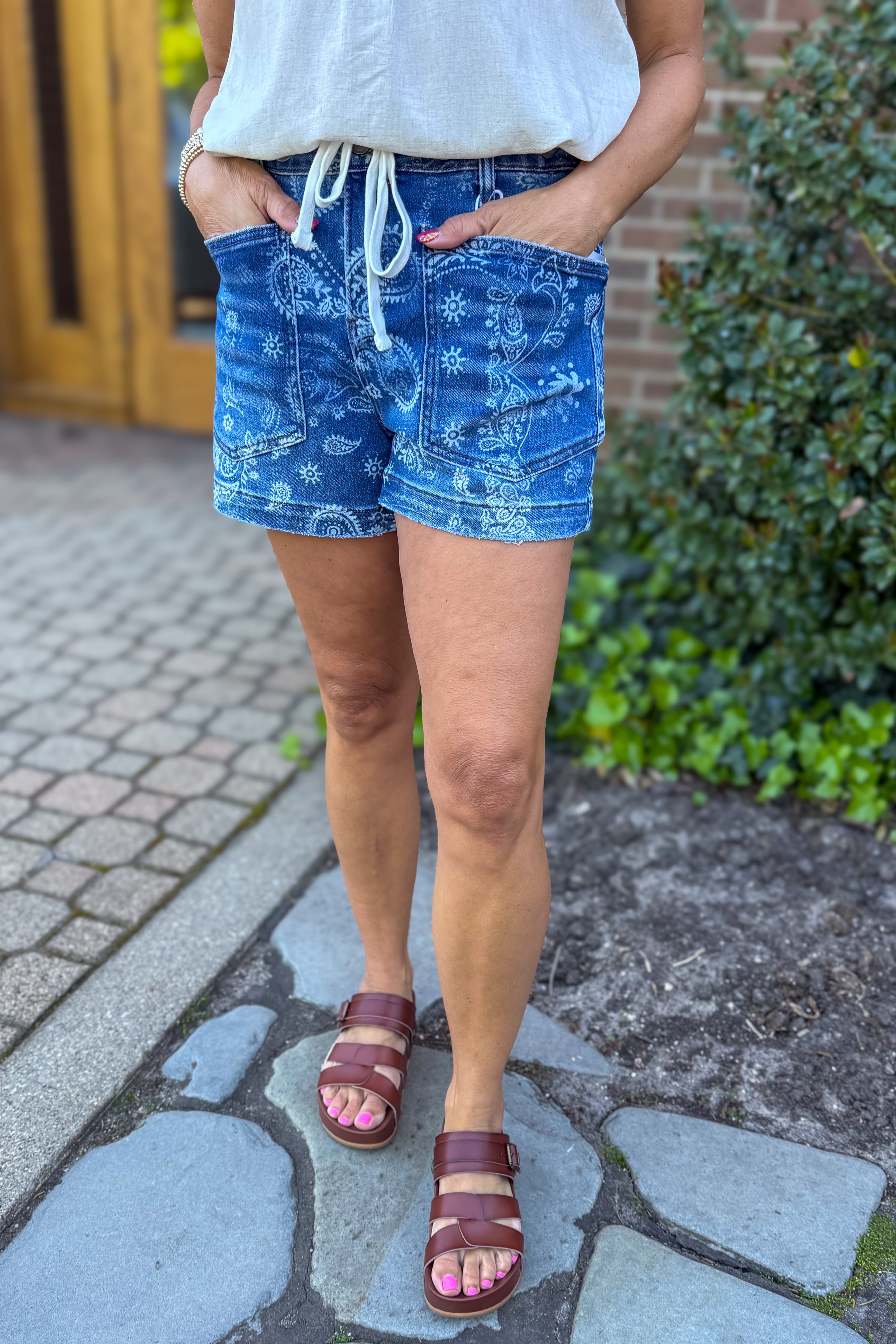 Dark Wash Paisley Print Shorts