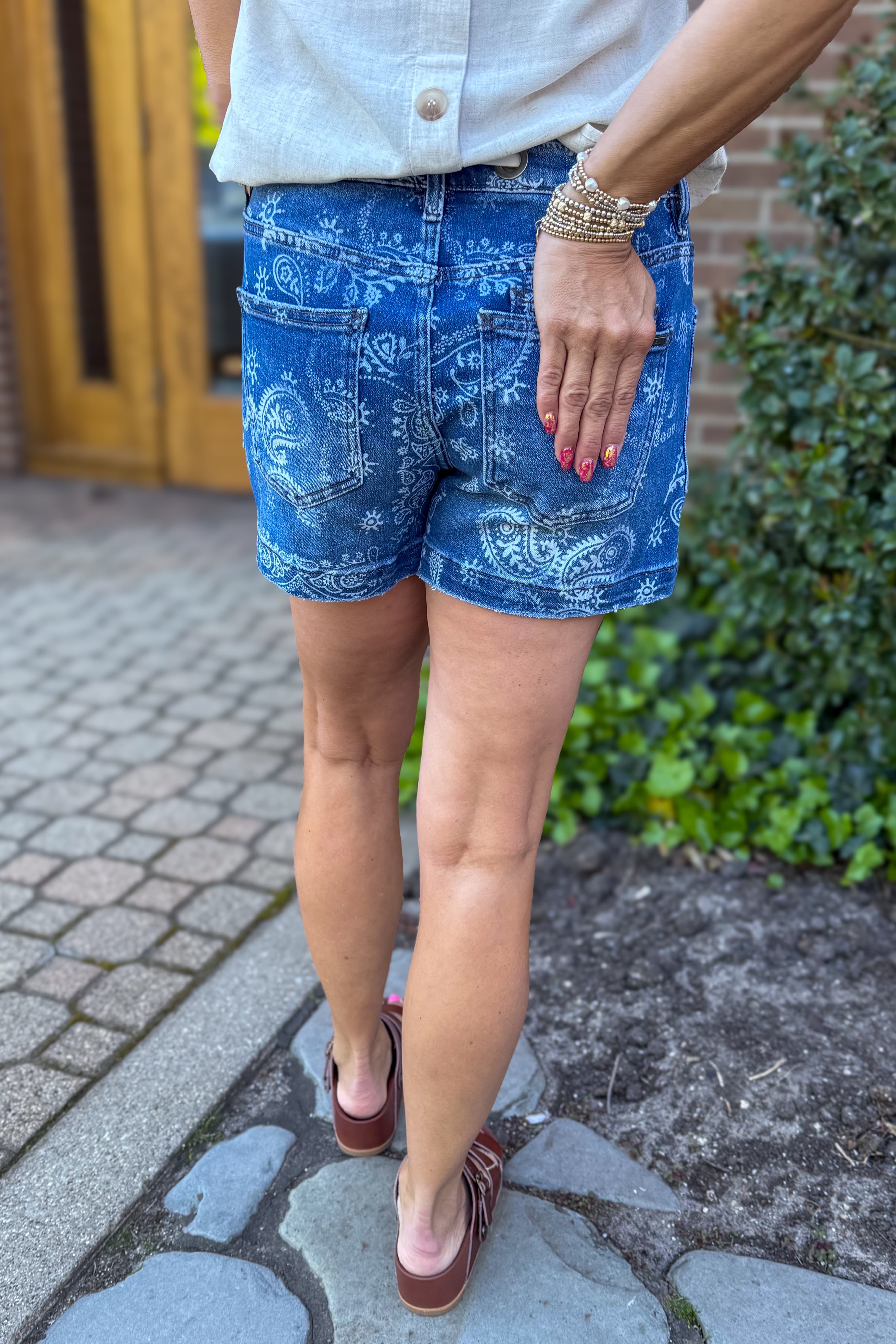 Dark Wash Paisley Print Shorts Back