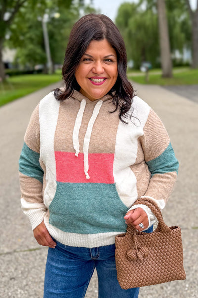 Taupe & Blue Color Block Hoodie Pullover