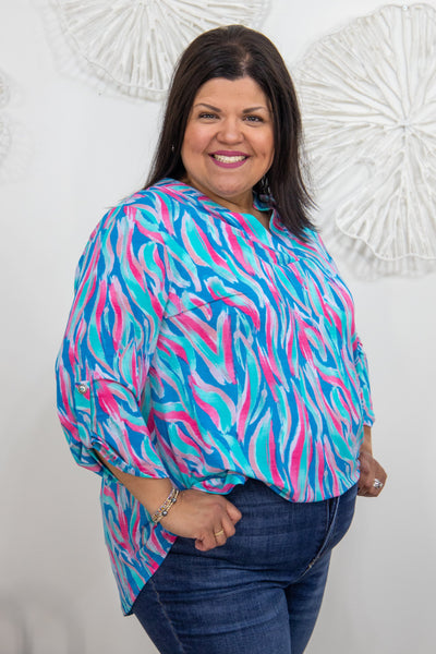 Teal & Salmon Wave Patterned Lizzy Top styled