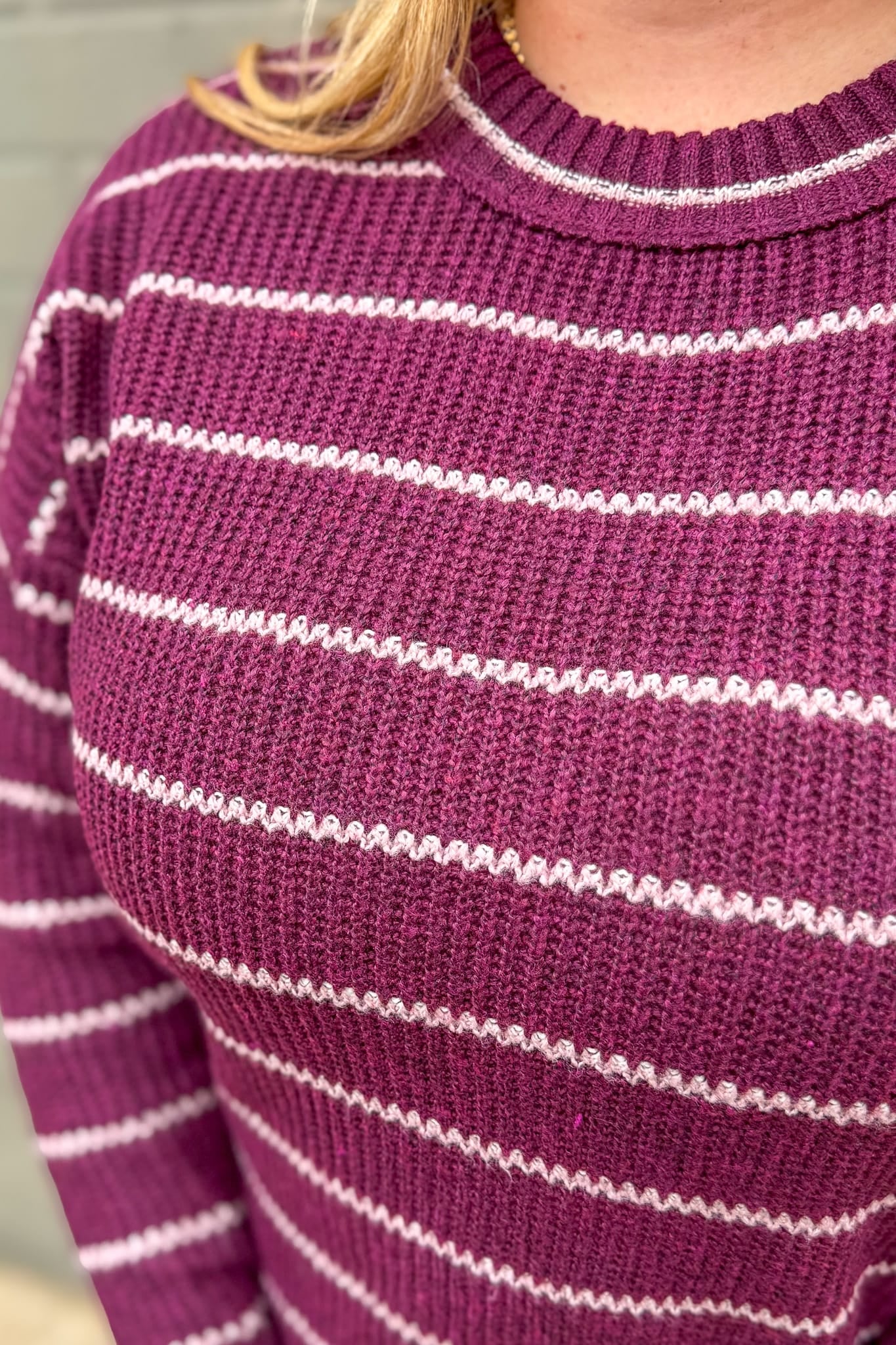 Dark Plum Texture Striped Sweater Detailed