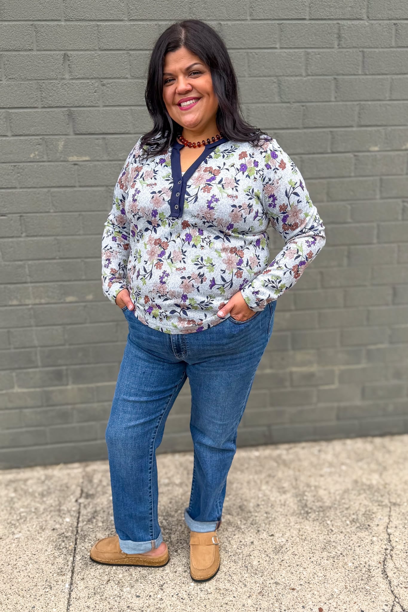 Heather Grey & Navy Floral Half Button Neck Top Styled