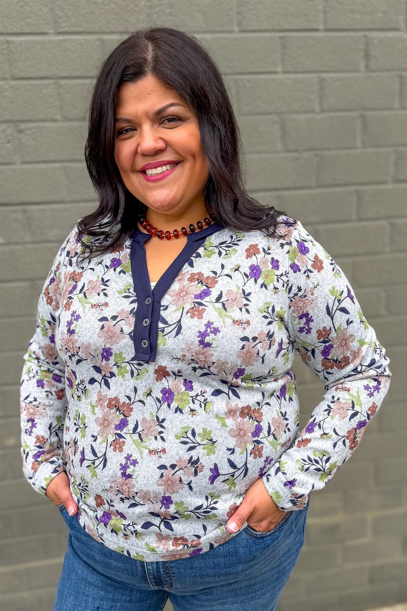 Heather Grey & Navy Floral Half Button Neck Top