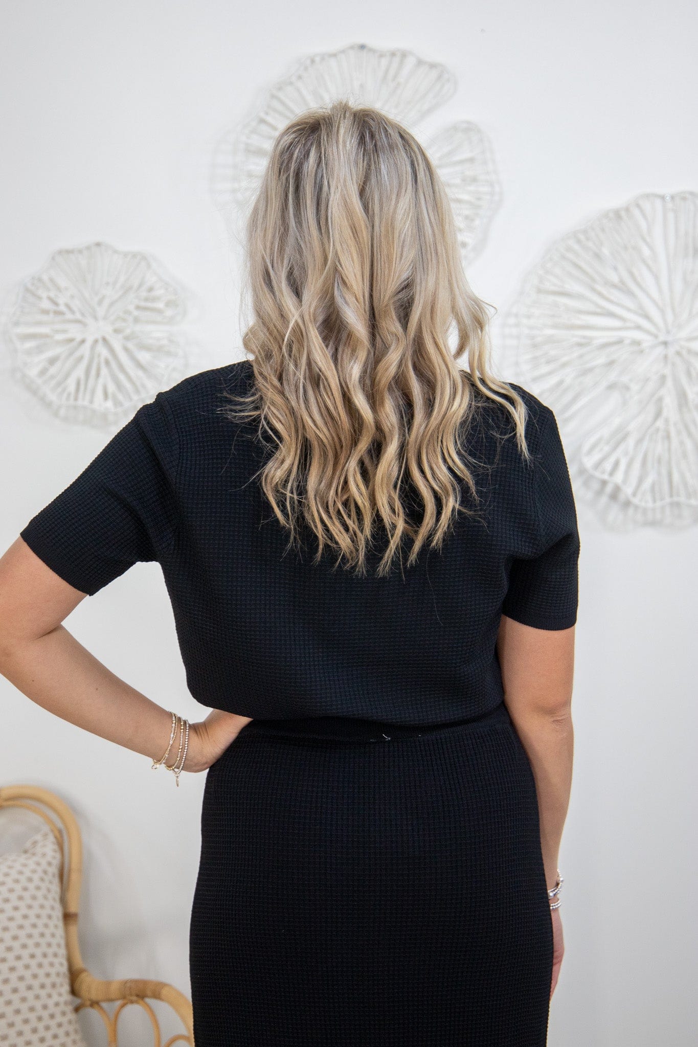 Black Waffle Stitch Knit Shortsleeve