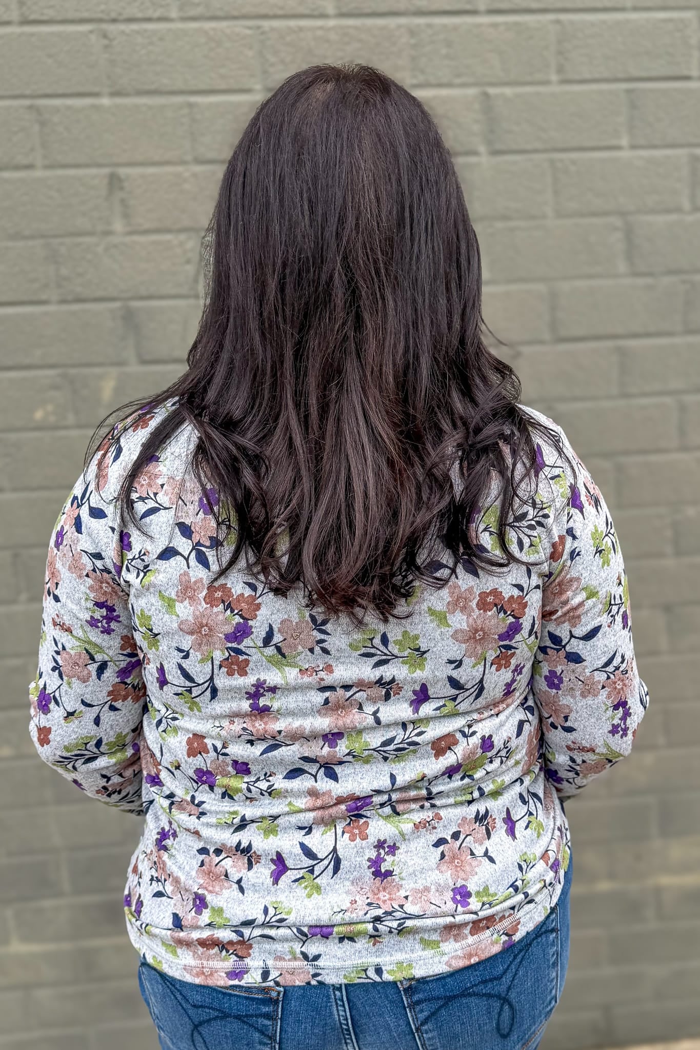 Heather Grey & Navy Floral Half Button Neck Top Back
