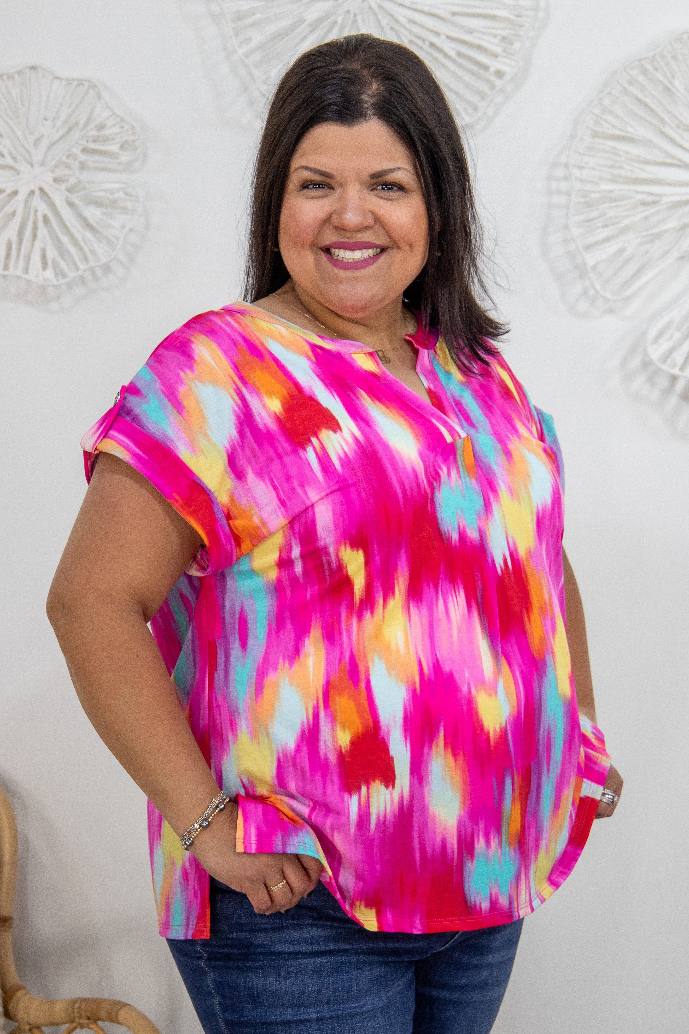 Hot Pink Watercolor Shortsleeve Lizzy Top