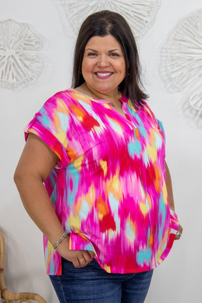 Hot Pink Watercolor Shortsleeve Lizzy Top