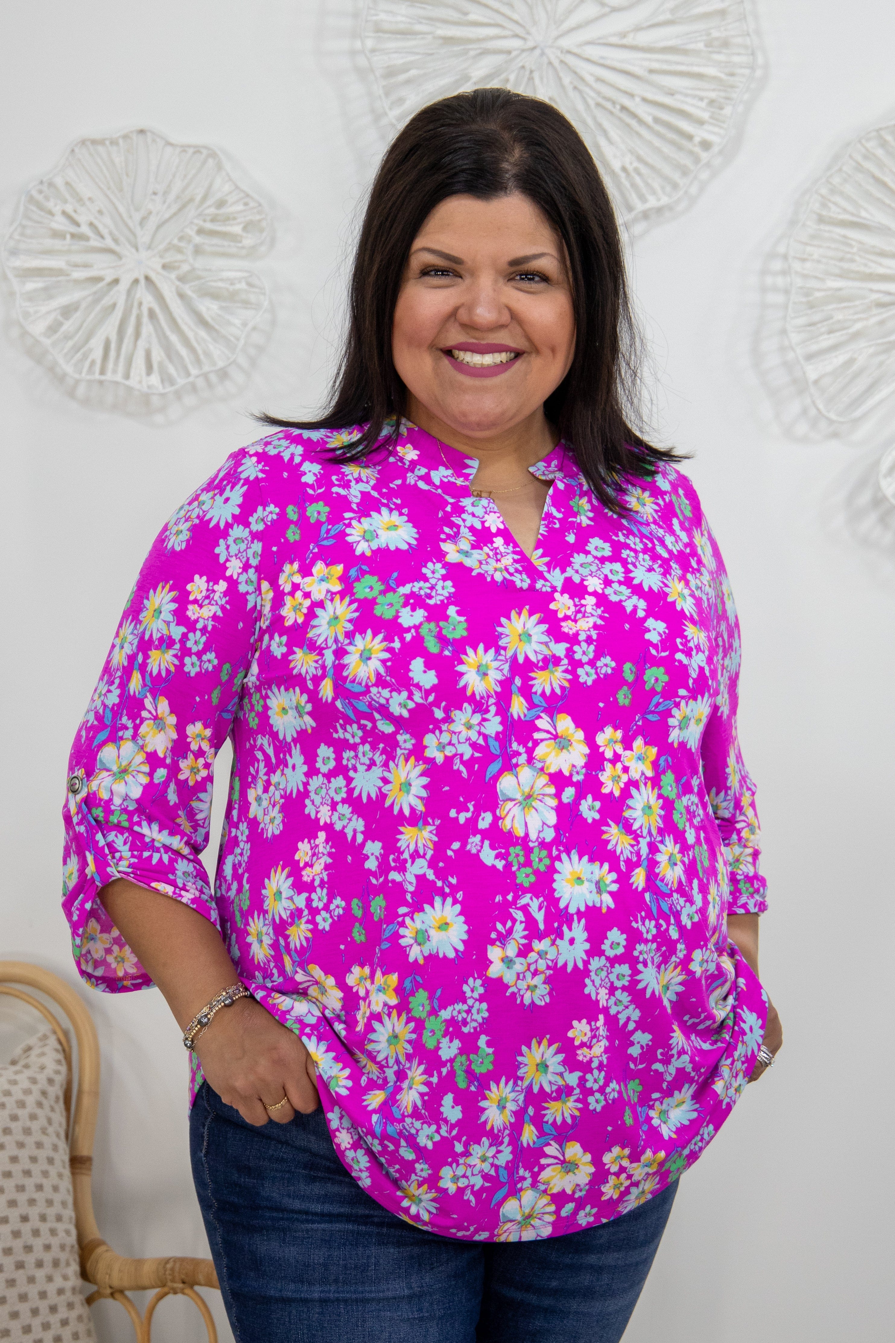 Hot Pink & Light Blue Floral Lizzy Top