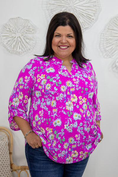 Hot Pink & Light Blue Floral Lizzy Top