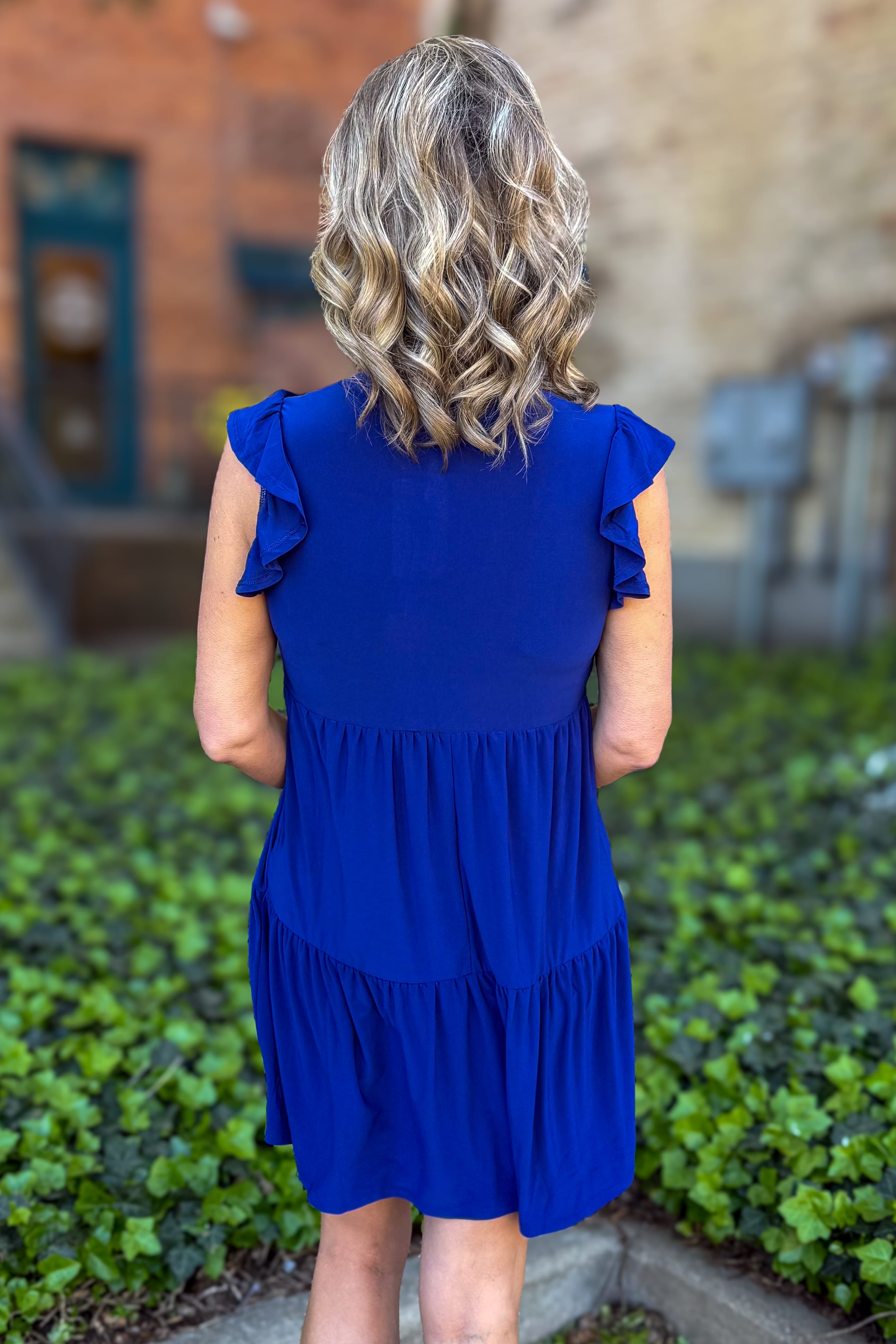 Navy Ruffle Sleeve Tier Dress Back